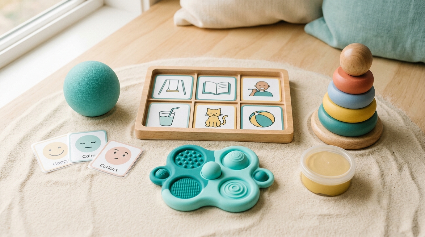 Calm children's therapy tools arranged on a warm sand background